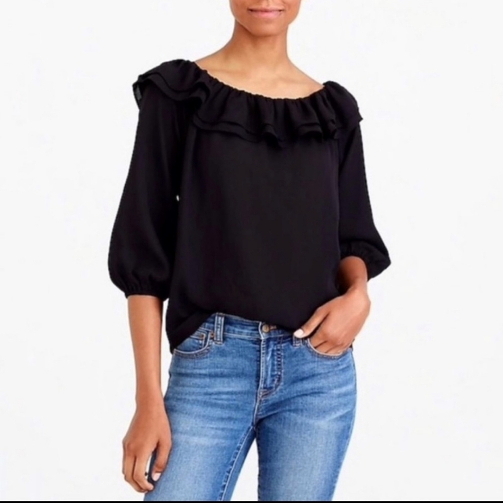 FIRM J. Crew Mercantile Black Flounce off the shoulder Ruffle Blouse size XL - Picture 4 of 9